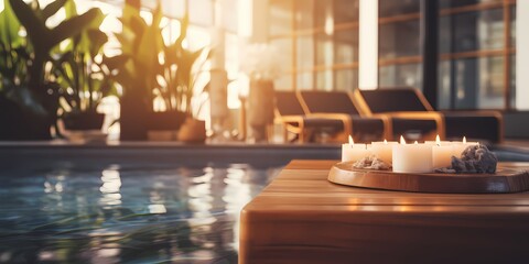Burning candles on a wooden table in a swimming pool in a hotel - generative ai