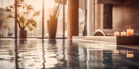 Interior of modern luxury hotel swimming pool with candles, shallow depth of field - generative ai