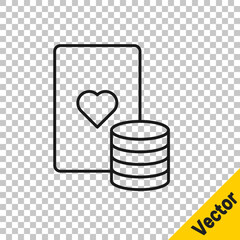 Black line Casino chip and playing cards icon isolated on transparent background. Casino poker. Vector