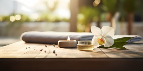 Spa and wellness setting with white orchid flower on wooden table - generative ai
