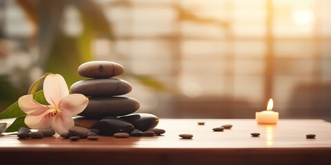 Spa stones and flower on wooden table with sunlight Zen concept - generative ai