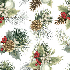 Fototapeta premium Christmas tree branch, mistletoe, ball and cone seamless pattern. Holiday wallpaper.