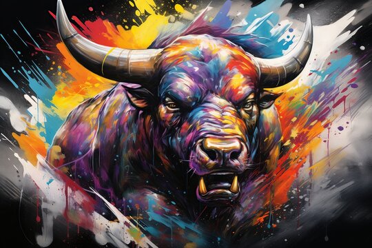 Market Battle: An intense street art creation showcasing a bull and bear, symbolizing the stock market's volatility. Vivid strokes, bold hues ignite imagination