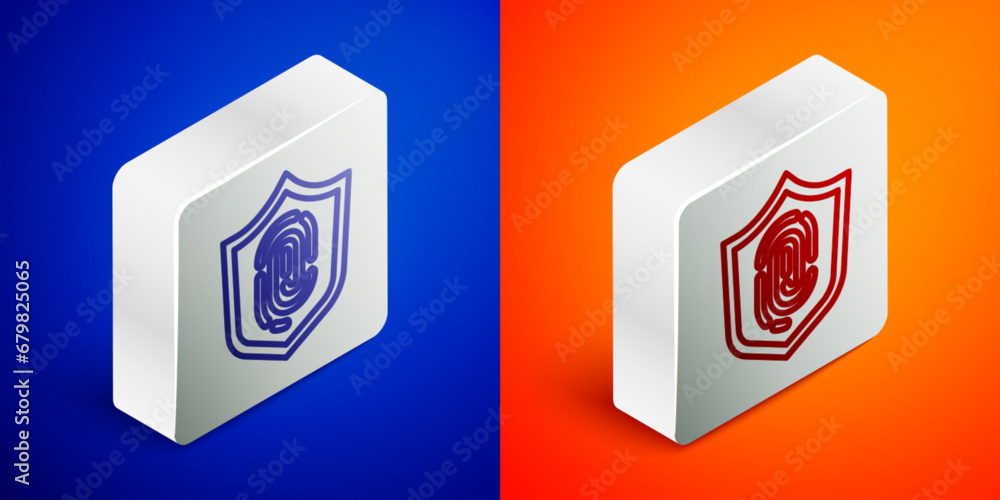 Poster isometric line fingerprint icon isolated on blue and orange background. id app icon. identification 
