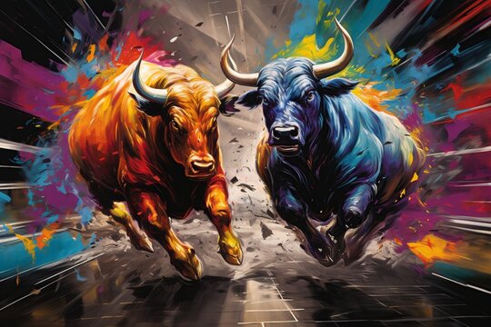 Market Battle: An intense street art creation showcasing a bull and bear, symbolizing the stock market's volatility. Vivid strokes, bold hues ignite imagination