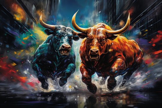 Market Battle: An intense street art creation showcasing a bull and bear, symbolizing the stock market's volatility. Vivid strokes, bold hues ignite imagination