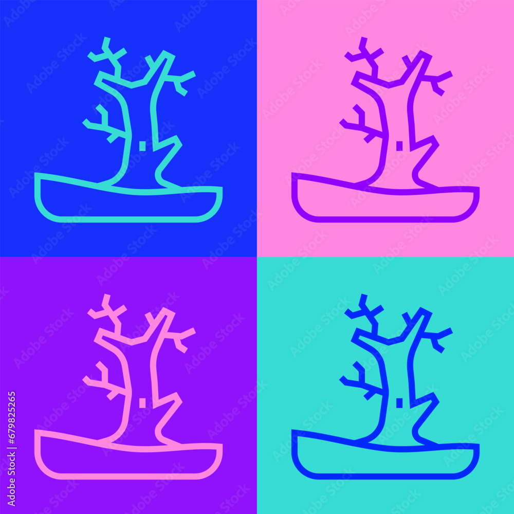 Aufkleber pop art line bare tree icon isolated on color background. vector