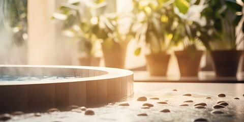 Obraz na płótnie Canvas Spa and wellness concept. Closeup of wooden bathtub - generative ai