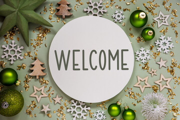 Text Welcome, Green Christmas Decor, Flatlay