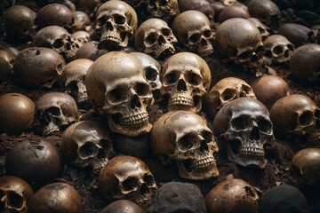 A Collection of Ancient Skulls Resting in the Earth's Embrace