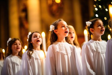 Children's Christmas choir in white dresses in festive church