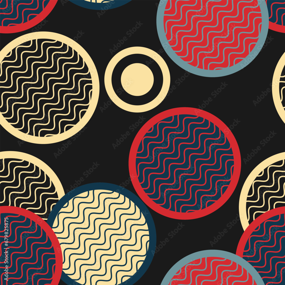 Poster seamless pattern with randomly placed textured colored rings on a black background. vector illustrat