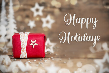 Text Happy Holidays, With Christmas Gift, Winter Background