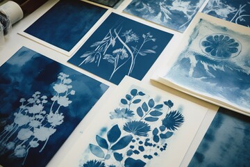 Abstract traditional floral cyanotype print in a workshop. Generative AI, AI - obrazy, fototapety, plakaty