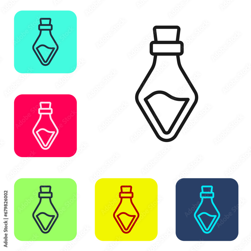 Poster black line bottle with potion icon isolated on white background. flask with magic potion. happy hall