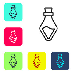 Black line Bottle with potion icon isolated on white background. Flask with magic potion. Happy Halloween party. Set icons in color square buttons. Vector