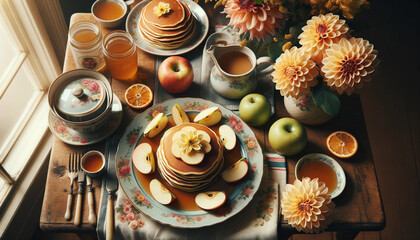 User
Cozy homemade breakfast - pancakes with apple sauce, vintage dishes, a bouquet of dahlias on a retro tablecloth on a wooden table
