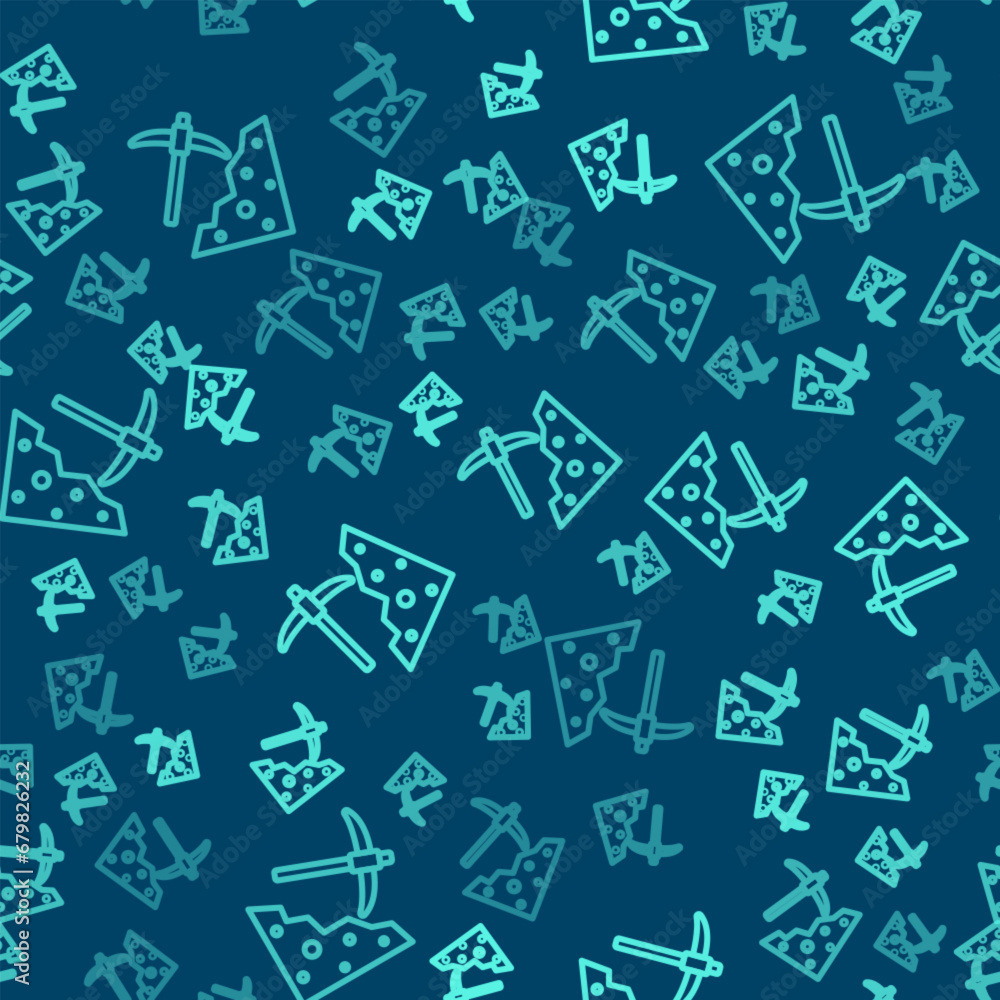 Poster green line pickaxe icon isolated seamless pattern on blue background. vector