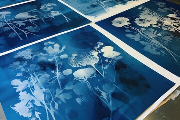 Abstract traditional floral cyanotype print in a workshop. Generative AI, AI