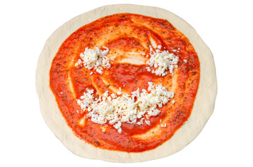 pizza base, with tomato paste and grated cheese in the shape of a smile, isolated on a white background
