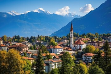 Merano Skyline Panorama - Downtown Architecture and Scenic City Landscape with Mountain Views in South Tyrol, Italy - obrazy, fototapety, plakaty