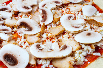 uncooked pizza, ingredients, mushrooms, ham, close-up