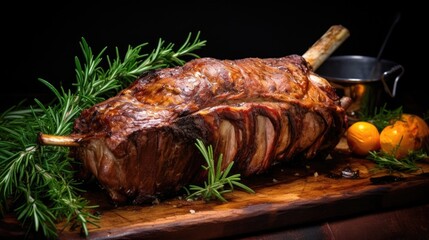 Delicious Roasted Stuffed Leg of Lamb on a Plate with Fresh Herbs and Garnish. A Perfect Dish for Epicure Dinner