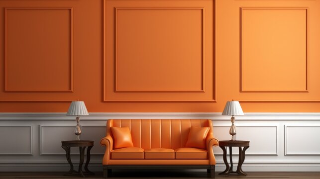White Wainscot and Chair Rail in Orange Peach Dining-Living Room of Luxury Home