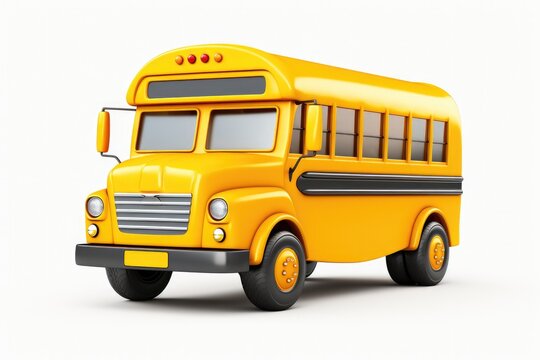 Cute School Bus Cartoon. Isolated Illustration of Yellow American School Bus with Pupils Riding on White Truck