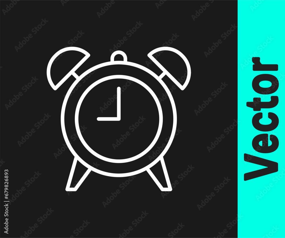 Poster white line alarm clock icon isolated on black background. wake up, get up concept. time sign. vector