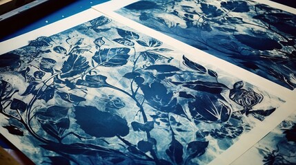 Abstract traditional floral cyanotype print in a workshop. Generative AI, AI