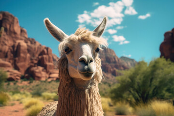 An inquisitive alpaca peers directly into the camera, its face framed by soft wool and the contrasting red rock formations of a desert landscape under a clear blue sky