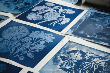 Abstract traditional floral cyanotype print in a workshop. Generative AI, AI