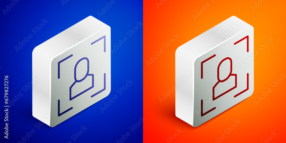 Poster isometric line camera focus frame line icon isolated on blue and orange background. silver square bu
