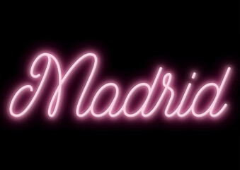 Madrid - city name -  neon tubular writing - pink color - black background changeable to other colors or transparent - ideal for menus, photos, boxes, advertising, presentations - obrazy, fototapety, plakaty