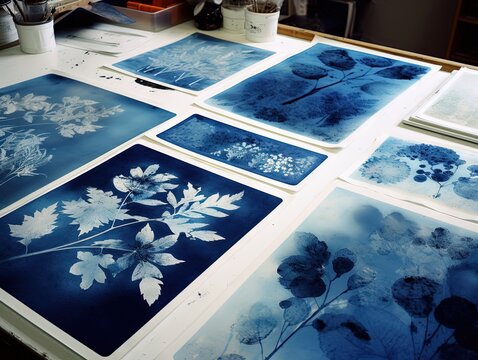 Abstract traditional floral cyanotype print in a workshop. Generative AI, AI