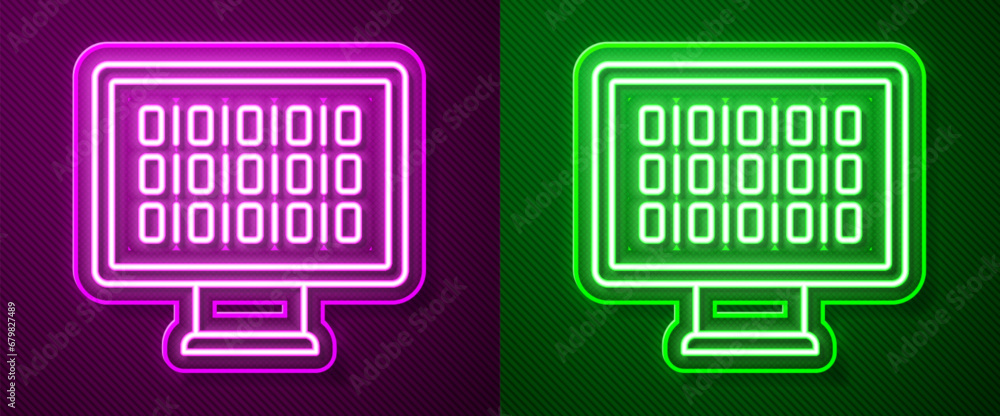 Poster glowing neon line binary code icon isolated on purple and green background. vector