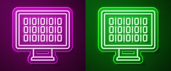 Glowing neon line Binary code icon isolated on purple and green background. Vector