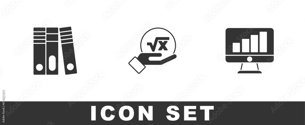 Poster set office folders, square root of x glyph and computer monitor with graph chart icon. vector