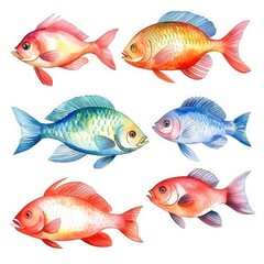 set colorful fish of watercolors on white background
