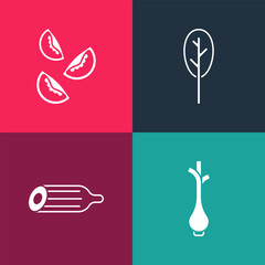 Set pop art Fresh green onions, cucumber, Spinach and Tomato icon. Vector