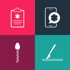 Set pop art Medical surgery scalpel, Sperm, Emergency phone call and Clinical record icon. Vector