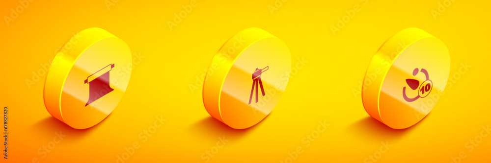 Poster set isometric empty photo studio, tripod and camera timer icon. vector