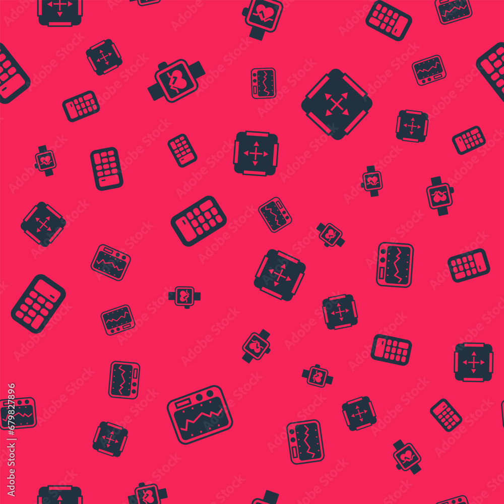 Poster set measuring instrument, smart watch, calculator and area measurement on seamless pattern. vector