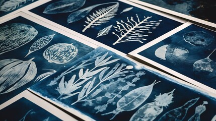 Abstract traditional floral cyanotype print in a workshop. Generative AI, AI