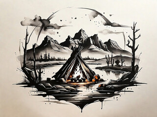 The simple, simple black ink painting and scenic landscape with a campfire in the Wild West is meant to give the impression of being in the middle of the wilderness of the Wild West.