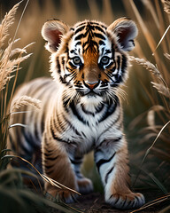 Młody tygrys wśród traw, afrykańska sawanna - obrazy, fototapety, plakaty