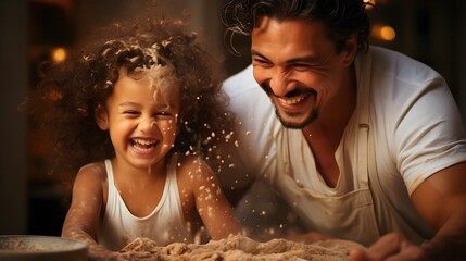 Joyful Baking Moments: Child and Father Laughing While Playing with Flour in the Kitchen