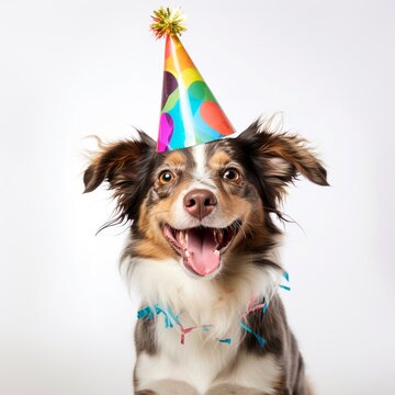 Joyful dog wearing bright birthday hat tongue wallpaper image AI generated art