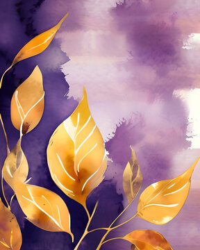 Fototapeta Tło fioletowe, złoty liść, akwarele